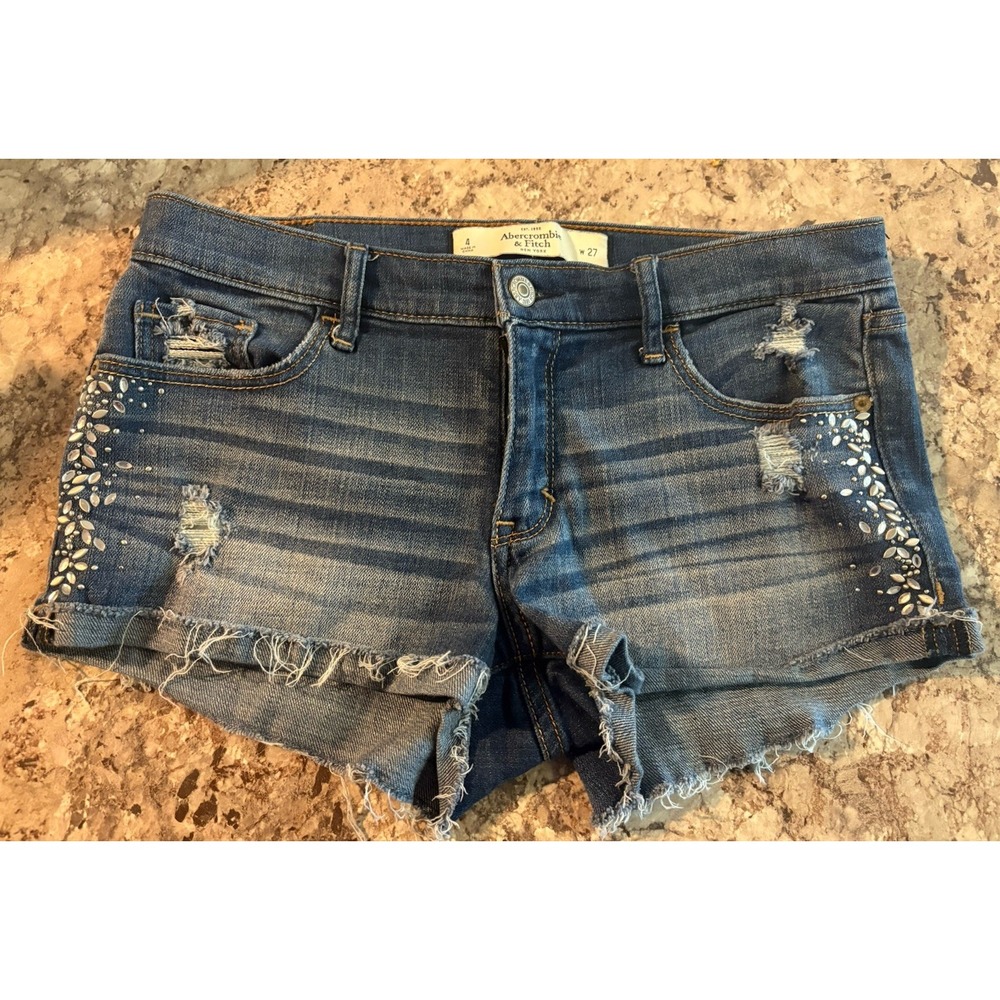 Vintage Y2K Abercrombie & Fitch Bling‎ Distressed Denim Low Rise Shorts Sz 4